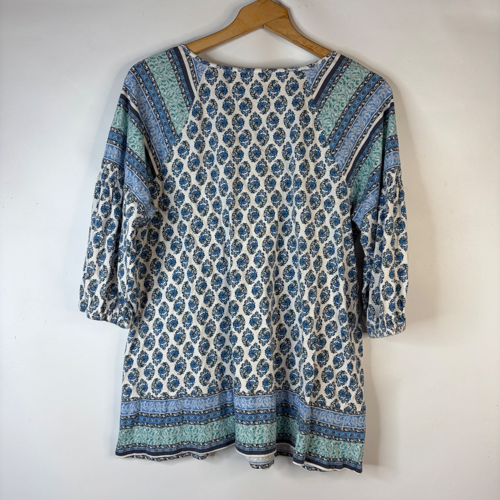 Pure Jill Tunic Top Womens M Blue Border Print Split Neck Cotton Modal 3/4 Slv - Picture 5 of 8